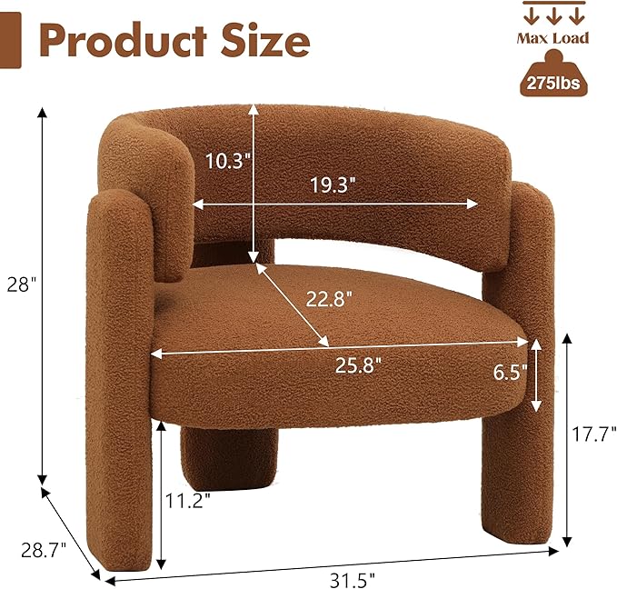 Accent Chairs Set of 2, Modern Sherpa Barrel Chairs, Upholstered Living Room Chairs with 3 Legs, Comfy Armchair Reading Side Chair for Bedroom, Office, Apartment, Brown