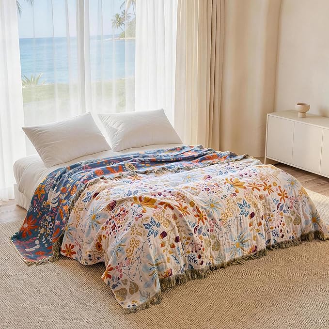 Boho Throw Blanket - 100% Cotton Throw Blankets for Bed Couch, 60"x80" Soft Muslin Lightweight Spring Throw Blanket, Cozy Floral Butterfly Printed Bohemain Bedding Decor Beige Throw Quilt