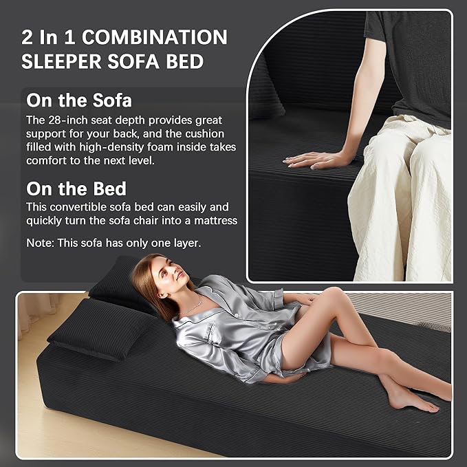 83" Modern Sofa in a Box, No Assembly Oversized 3 Seater 28" Deep Seat Cloud Sofa Bed Couch with 4 Furry Pillows & Corduroy Fabric, Boneless Couch with Side Storage Pockets for Living Room, Black