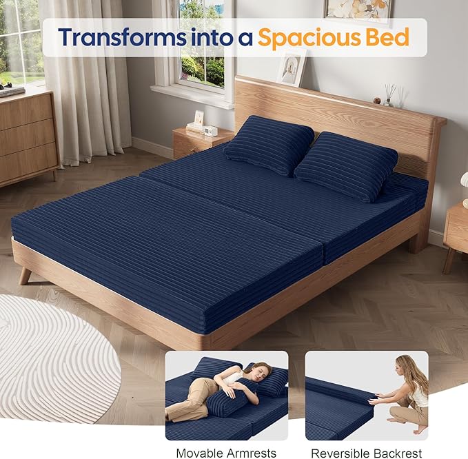MeMoreCool Convertible Sofa Bed, Folding Floor Couch Bed Queen, Pull Out Sleeper Couch with Pillows, Fold Out Futon Sofa for Bedroom Living Room Small Space, Corduroy Beige