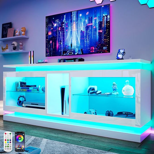 80" TV Stand W/LED Lights&Power Outlets,High Gloss Entertainment Center W/Color-Changing RGB LED Strip/Sound Sync,App/Remote Control For 85 90IN TV,Media Console Table for Home Living Room(White) by StMandyu
