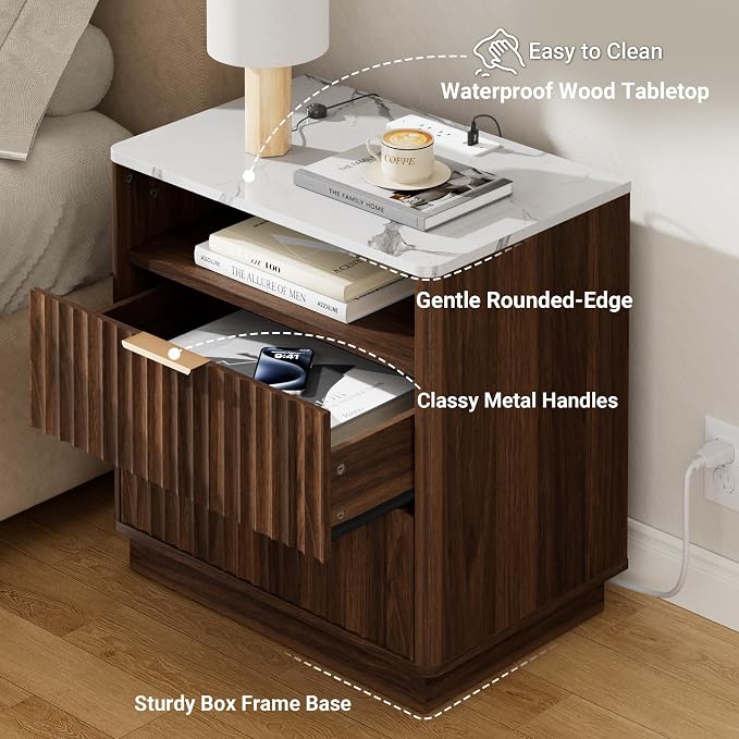 Fluted Nightstand, Night Stand Set 2, 23" Wide Walnut Nightstands Set of 2 with Charging Station & Faux Marble Top, 2 Drawer Large Wooden End Table, Bedside Table for Bedroom,Curved Corners - Image 5