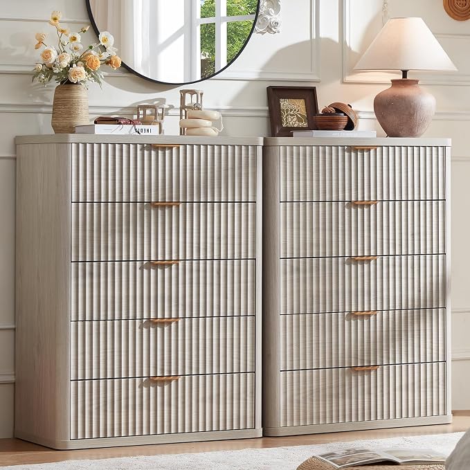 LEYAOYAO Fluted 5 Drawers Dresser Set of 2, 41" Tall Modern Chest of Drawers with Metal Handle, Curved Profile Dresser TV Stand, Wooden Drawer Organizer for Bedroom, Living Room, Hallway, Lightgrey by LEYAOYAO-Findtheshiningpointofyourideallife%EF%BC%81