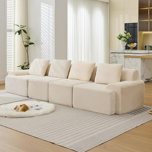Modular Sectional Sofa, 6 Seat Modular Couch, Modular Sofa with Deep Seat and Detachable Pillow (White, 4 Pieces-Rowshape)