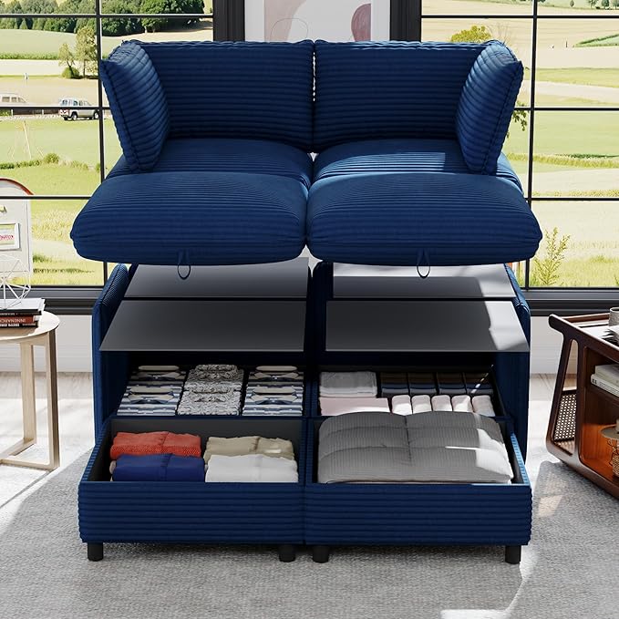 ERYE Modern Modular Storage Sectional Sofa, U/L Shaped Corduroy Modular Sofa Couch W/Movable Ottoman & Seat, 4 Seater Corduroy Upholstered Sofa Couch for Living Room