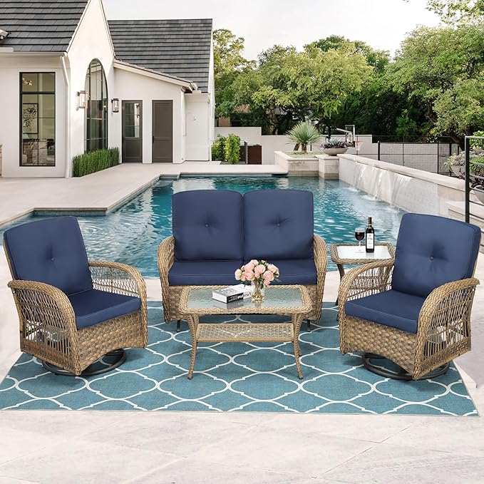 MEETWARM 5 Pieces Outdoor Patio Rattan Furniture Sets, All Weather Patio Wicker Conversation Set - 2 Rocking Swivel Chairs 1 Rattan Loveseat Glider w/Cushions, 2 Glass-Top Coffee Table, Navy Blue