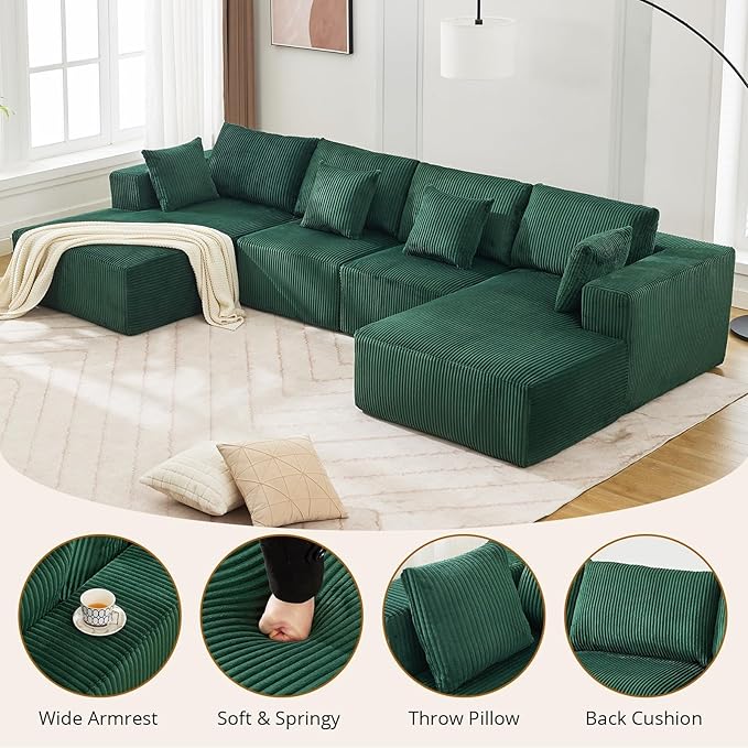 Cloud Boneless Couch 137" Modern Sectional U-Shaped Comfy No Assembly Required Convertible Compression Sleeper Modular Sofa with Corduroy Fabric Deep Seat Single + Chaise for Living Room