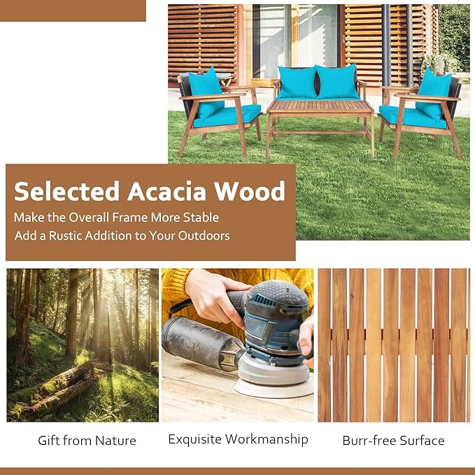Tangkula 8-Piece Patio Furniture Set, Outdoor Acacia Wood Conversation Set with Cushions and Coffee Table, Outdoor PE Wicker Sectional Sofa Set for Garden, Poolside and Backyard (2, Turquoise)
