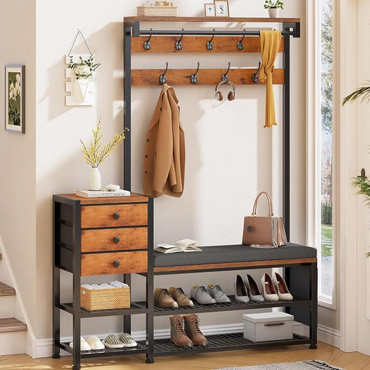 Itaar Coat Rack, Hall Tree with Bench and Shoe Storage, 7-in-1 Entryway Bench with Soft Cushion, Storage Bag, 3 Fabric Drawers(Rustic Brown) by Itaar