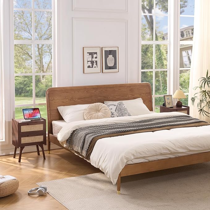 Lerliuo Rattan Night Stand, Boho 2 Drawers Nightstands, Walnut Bed Side End Tables with Solid Wood Legs, Bedside Table for Bedroom, Dorm and Small Spaces - Image 8