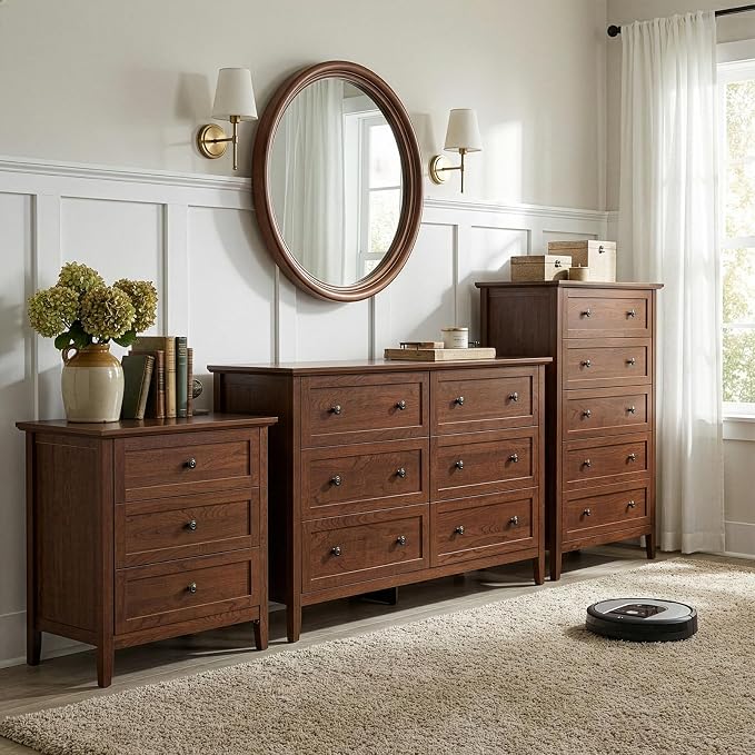 Karl home Farmhouse Nightstand with Charging Station, Wide End Table with 3 Large Drawers & Mental Handles, Wood Small Side Table of Drawers for Bedroom, Closet, Brown - Image 2