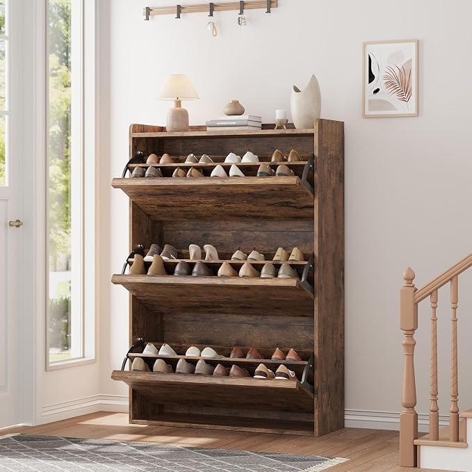 GarveeHome Shoe Cabinet with 3 Flip Drawers, Wooden Shoe Organizer Cabinet with Adjustable Shelf, Shoe Storage for Entryway, Hidden Shoe Cabinet for Hallway, Living Room, Rustic Brown by GarveeHome