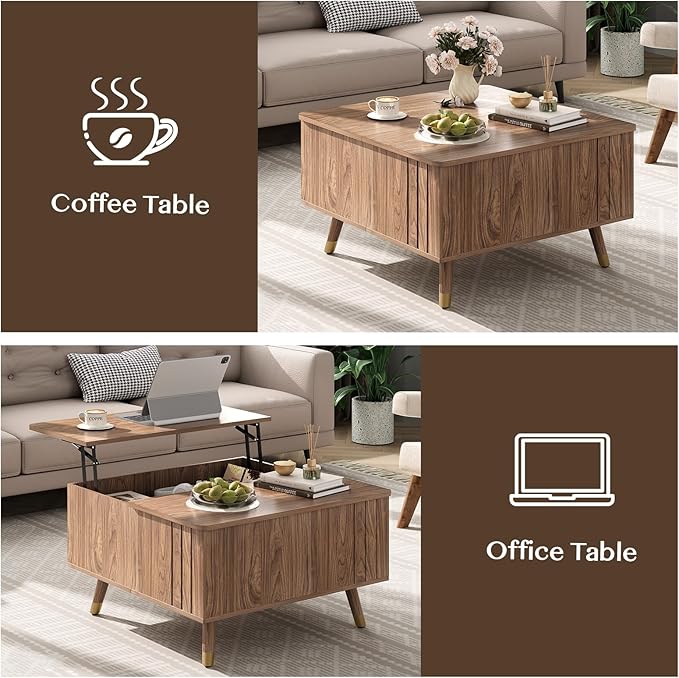 32" Square Lift Top Coffee Table with Storage, Mid Century Modern Walnut Center Table with Rising Desktop for Living Room, Brown Wood Finish
