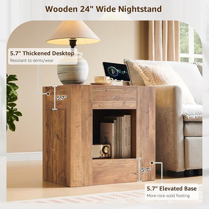 OKD 24" Wide Modern Nightstand, Wood Night Stand with Charging Station & Hidden Drawer, Side Table Bedroom with Storage Shelf, End Table, Gold Rustic Brown - Image 5
