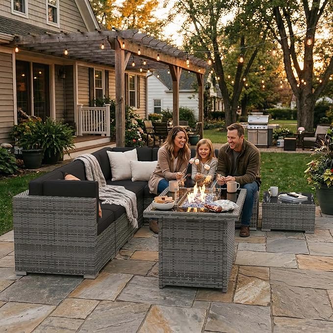 8 Pieces Patio Furniture Set with 44" Propane Gas Fire Pit Table, Outdoor Sectional Wicker Conversation Sofa Sets with Coffee Table
