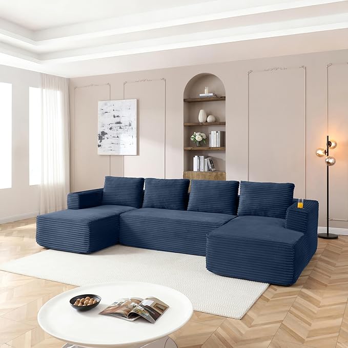 132-Inch U-Shaped Cloud Sectional Couch, Symmetrical Modular Compressed Boneless Sectional Sofa with Chaise Lounges, Plush Corduroy Boneless Corner Sofa W/Cupholders
