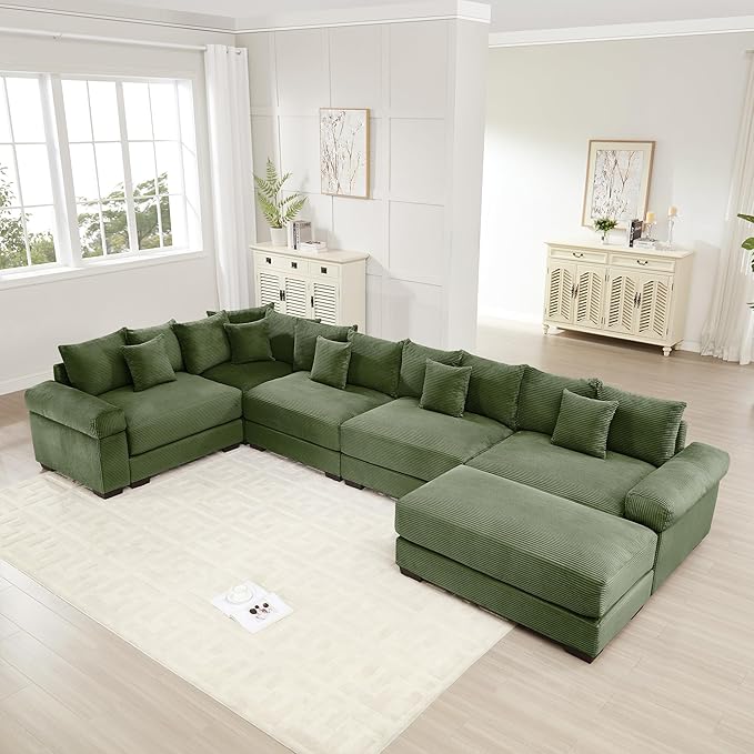 KEIKI 146" U-Shaped Oversized Corduroy Modular Cloud Sectional Sofa with 1 Ottoman, High-Density Foam Cushion, Extra-Thick Armrest, 5-Seater Fluffy Corner Couch with 18 Pillow, for Living Room, Green