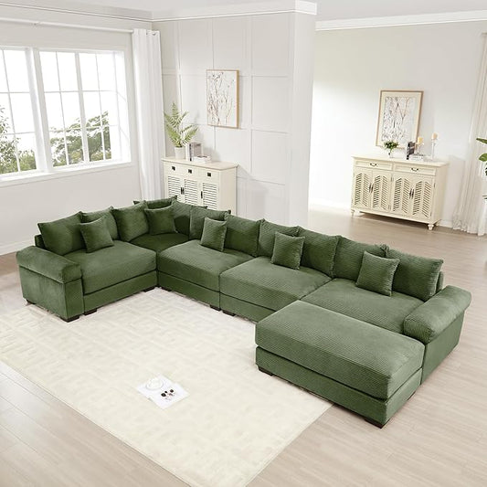 KEIKI 146" U-Shaped Oversized Corduroy Modular Cloud Sectional Sofa with 1 Ottoman, High-Density Foam Cushion, Extra-Thick Armrest, 5-Seater Fluffy Corner Couch with 18 Pillow, for Living Room, Green