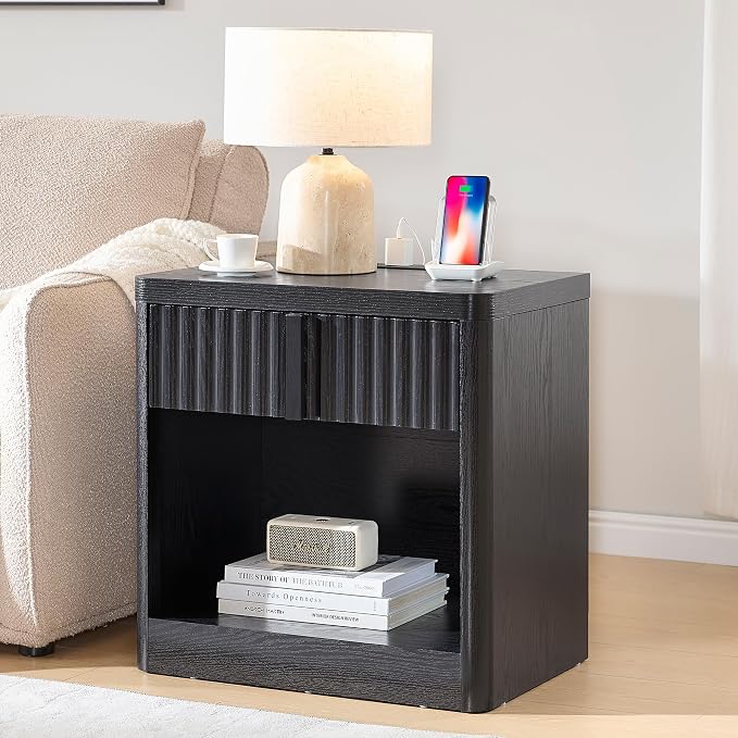 YANSNWO Fluted Nightstand with Charging Station, 23.6" Bedside Table with Open Shelf and Drawers Storage, End Table with Solid Wood Handle, Curved Profile Design, Night Stand for Bedroom, Black - Image 2
