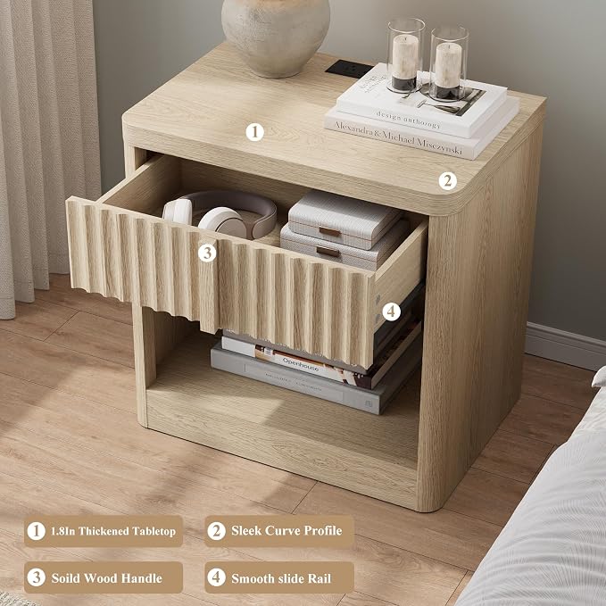 Fluted Nightstand Set of 2 with Charging Station, 23.6" Wood End Table with Solid Wood Handle, Curved Profile Design, Mid Century Moden Bedside Table for Bedroom, Living Room, Natural Oak - Image 5