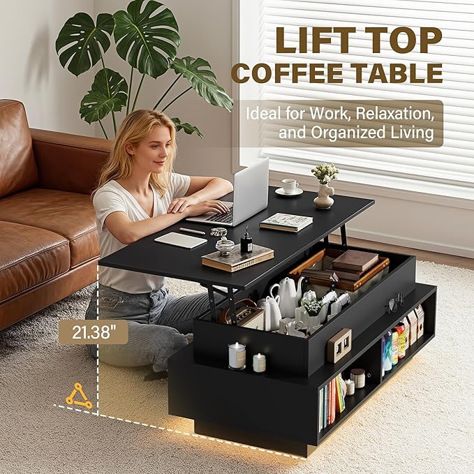 JUMMICO 40" Modern Lift Top Coffee Table with Storage & 4 Bottom Organizers, Square Wood Center Table with LED Lights for Living Room and Home Office (Black)