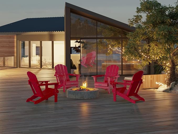 MUCHENGHY Folding Adirondack Chairs Set of 4, Patio Chairs, Lawn Chairs, Outdoor Chairs, Adirondack Chair Plastic, Fire Pit Chairs, Weather Resistant with Cup Holder for Deck, Backyard, Garden(Red) - Image 2