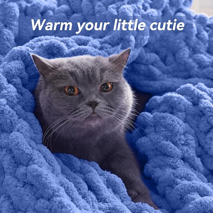 Negwoo Chunky Knit Throw Blanket, 80''*90'' Knitted Throw Chenille Yarn for Bed Couch, Handmade Light Blue Crochet Big Thick Blanket, Machine Washable Cute Comfy Blanket for Home Decor