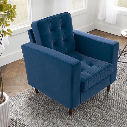 Edenbrook Lynnwood Upholstered Accent Chair - Living Room Furniture - Office - Bedroom - Mid-Century Modern Design - Armchair - Buttonless Tufting - Simple Assembly - Solid Frame - Navy Velvet