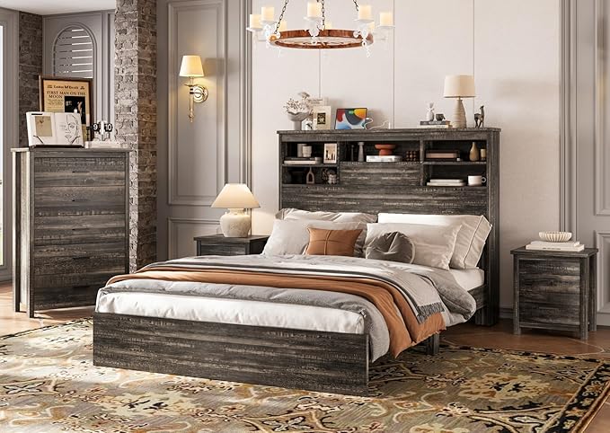 Merax 4-Pcs Queen Size Bed Frame Dresser Night Stand Bedroom Set, Platform with USB Charging Ports Storage Headboard & 1 x 5 Drawers Cabinet & 2 x Nightstands, Wooden, Antique Grey