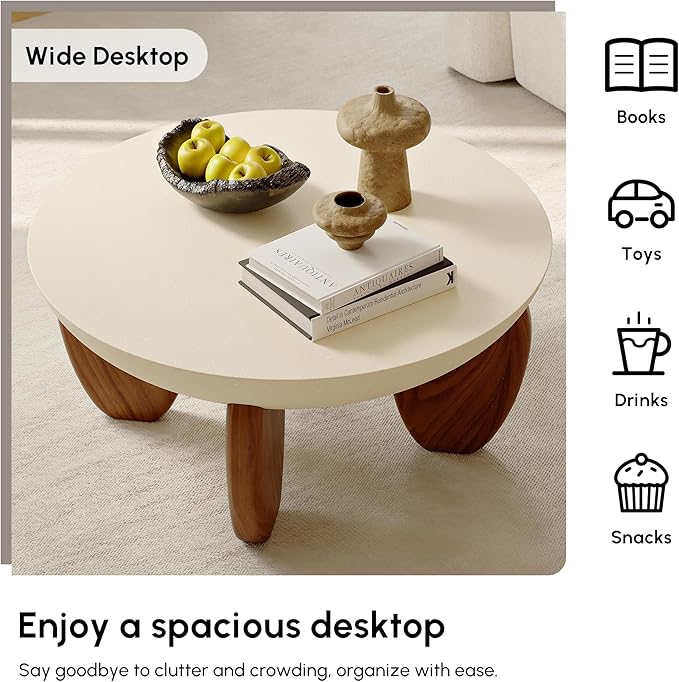 homary Round Concrete Coffee Table with Premium Walnut Ash Wood Legs, Modern Minimalist Cement Finish Center Table for Living Room