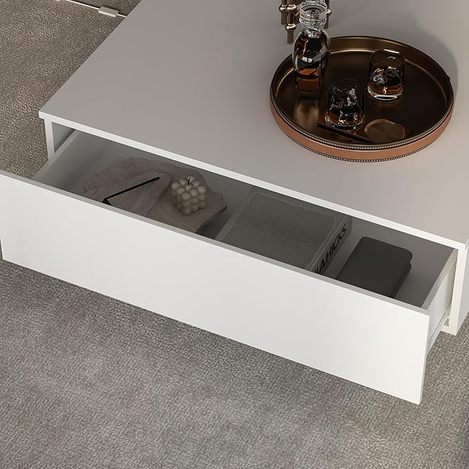 ECACAD Modern LED Coffee Table with 2 Drawers, Tempered Glass Top & Remote Control, Rectangle Coffee Center Table for Living Room & Reception Room, White 31.5”D x 55.1”W x 11.8”H