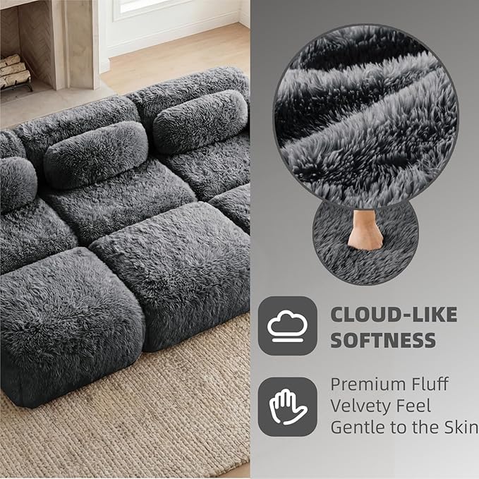 114.7" Sectional Sofa Bed, 6-Seater Modular Sleeper Boneless Couch with Movable Ottoman, Plush Convertible Sofa Set Deep Seat Couches for Living Room, Bedroom and Apartment, Dark Grey