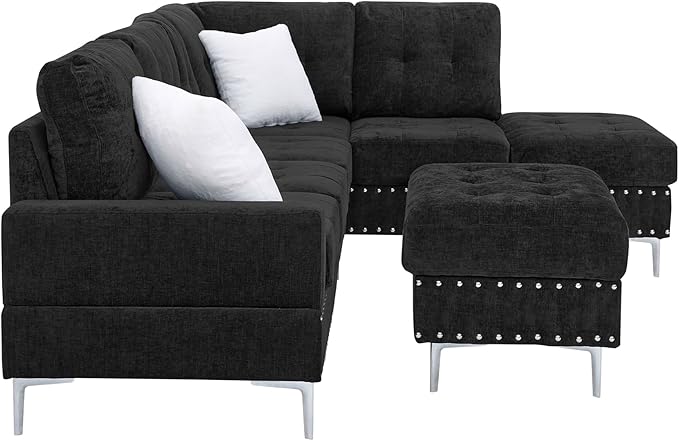 ERYE 102-Inch L-Shaped Corner Sectional Sofa Chenille Upholstered Tufted Corner Sofa Couch with Storage Ottoman and Nailhead Decor,Modern L-Shaped Convertible Couches
