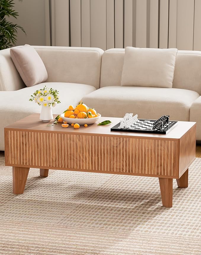 Rectangular Lift Top Coffee Table with Storage, 41.5" Mid Century Modern Center Table for Living Room, Wood Fluted Coffee Table for Home Office, Walnut