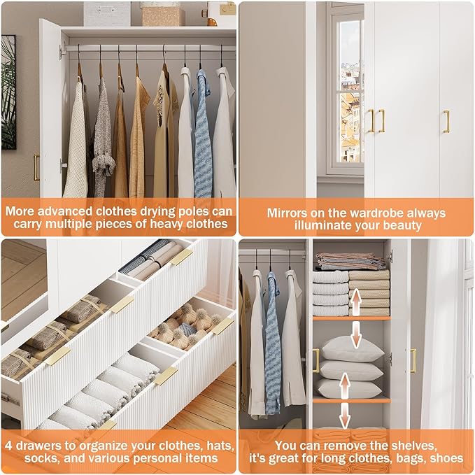 PAKASEPT Armoire Wardrobe Closet with 3 Door, Bedroom Armoires with Mirror and LED Lights, Hanging Rod, Drawers, Large Capacity Storage Wardrobe Armoire for Bedroom