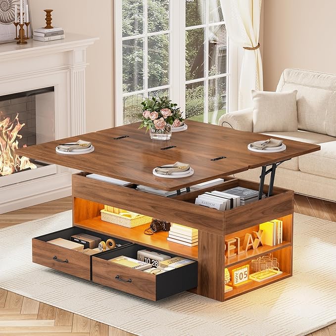 Itaar Lift Top Coffee Table, 4 in 1 Coffee Tables with Storage and Hidden Compartment, Farmhouse Coffee Table with 2 Fabric Drawers & LED Light for Living Room, Brown