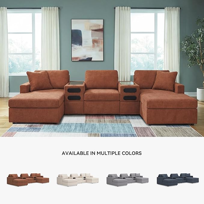 Signature Design by Ashley Modern Modmax Stain Resistant U-Shape Symmetrical 5-Piece Double Chaise with Audio Consoles and Reversible Cushion, Orange
