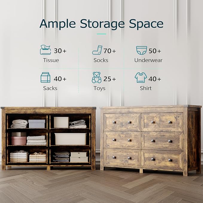 Dresser for Bedroom with 6 Drawers, Farmhouse Wood Chest of Drawers, Wide TV Stand Closet Storage Furniture with Metal Handle, Modern Clothes Organizer for Hallway, Living Room, Entryway, Brown - Image 4