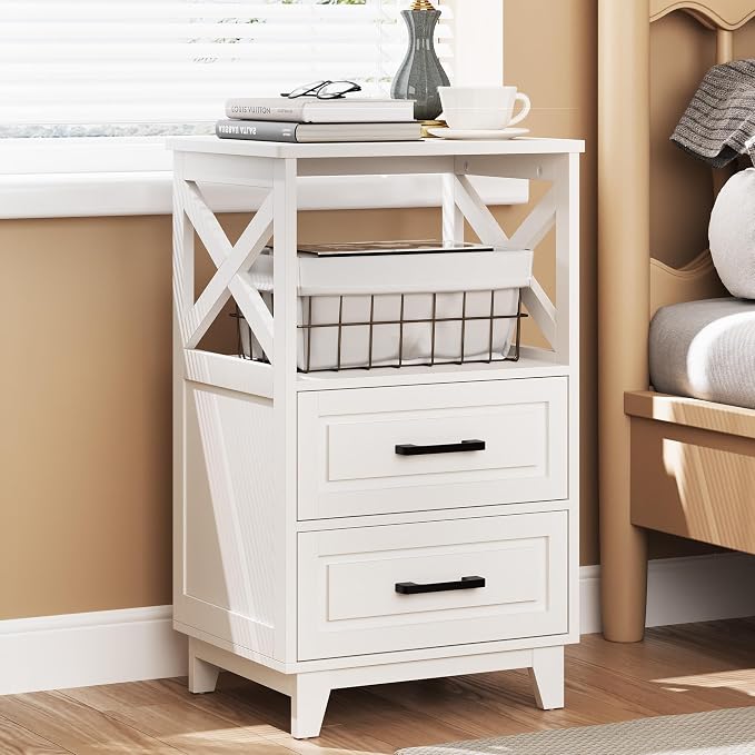 RoyalCraft 30" Tall Nightstand, Modern Painted Bedside Table with 2 Drawers and Open Shelf, Wood Side Table for Bedroom, Home Office, White-Open Shelf Above, Set of 1 by Bringyoubetterlife