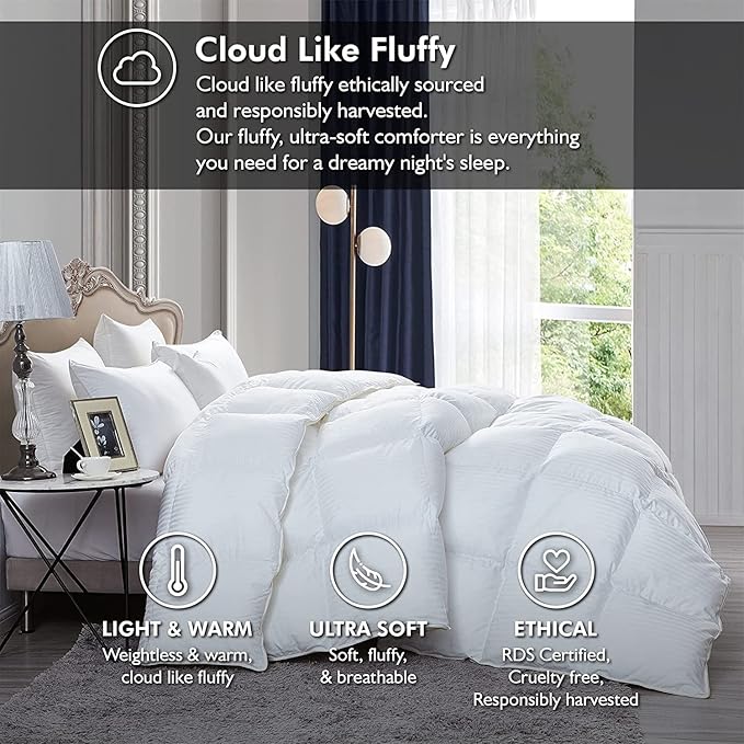 Luxurious Heavy Twin/Twin XL Size Siberian Goose Down Fiber Comforter All-Season Duvet Insert, Premium Baffle Box, 100% Egyptian Cotton, 55 oz, White Damask Striped