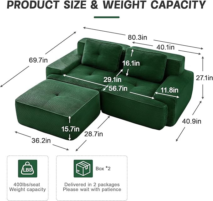 Casaphoria 80" Green Corduroy Cloud Couch, Boneless Modular Sectional Sofa for Living Room with Deep 2-Seat & 1-Ottoman, L Shape Cloud Couch No Assembly Required