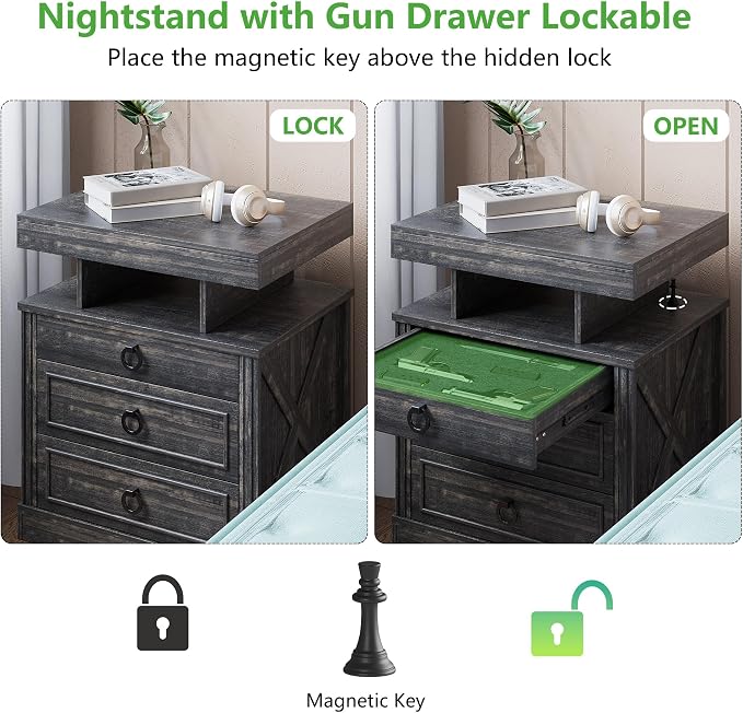 WOOVIVS Side Table with Gun Drawer - Farmhouse Night Stand with Charging Station for Bedroom, Smart End Table with LED Lights for Livingroom, Hidden Compartment Nightstands-Rustic Brown - Image 7