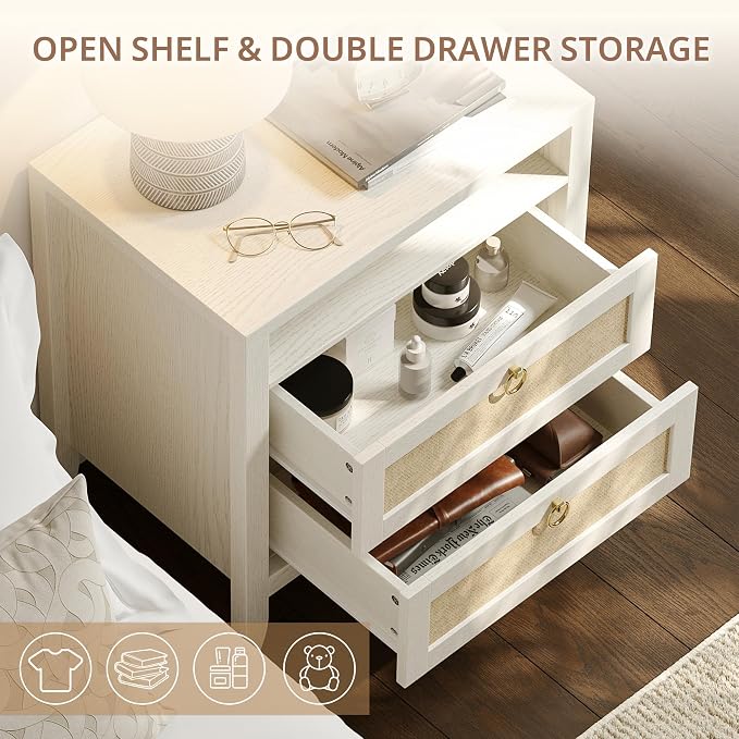 Dowinx 23.6" White Night Stand Set of 2, Large Rattan Nightstands with Charging Station 2 Drawers and Strage Shelf, Boho Night Stand Set of 2, Bed Side End Tables Dresser for Bedroom, Cream White - Image 4