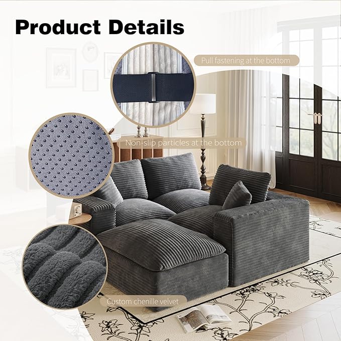 Ball & Cast 108" Cloud Sectional Couches for Living Room,Convertible L Shaped Couch with Deap Seat & Movable Ottoman,3 Seater Modular Sectional Sofa,Free Combination,No Assembly Required,Grey