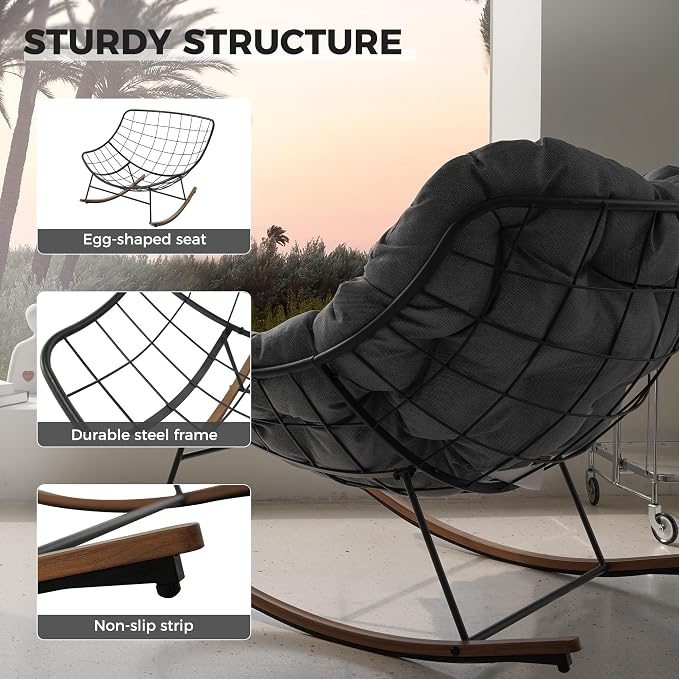 Grand patio Outdoor Rocking Chair, Oversized Papasan Rocking Chair with Thick Cushion, Indoor Outdoor Cozy Rocker for Balcony, Living Room, Patio, Gray - Image 7