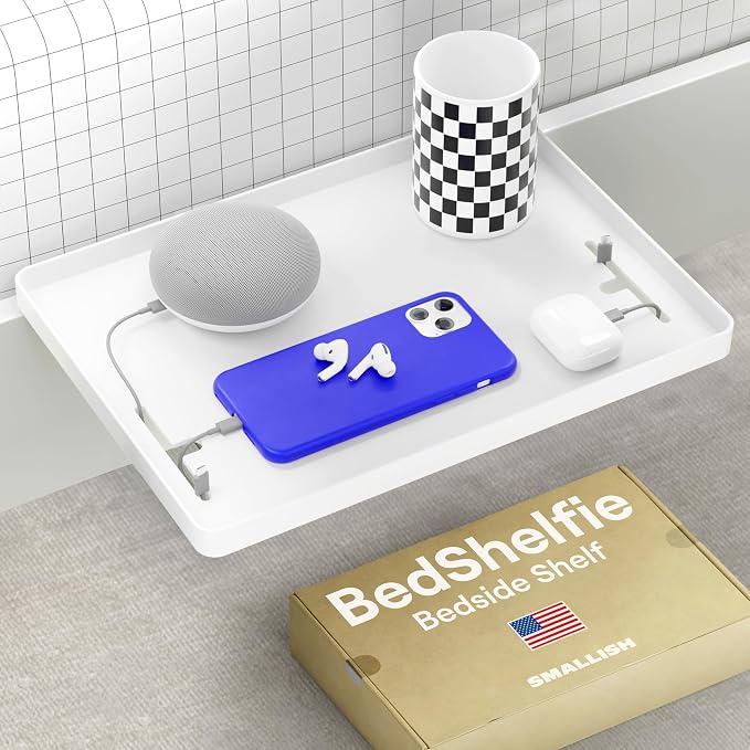BedShelfie Bedside Shelf for Dorm Room Bunk Bed & Top Bunk, College Dorm Room Essentials, Bedside Caddy, Clip on Floating Desk Tray, Bed Side Table Storage, Loft Nightstand Decor - Cable Catch, White by BedShelfie