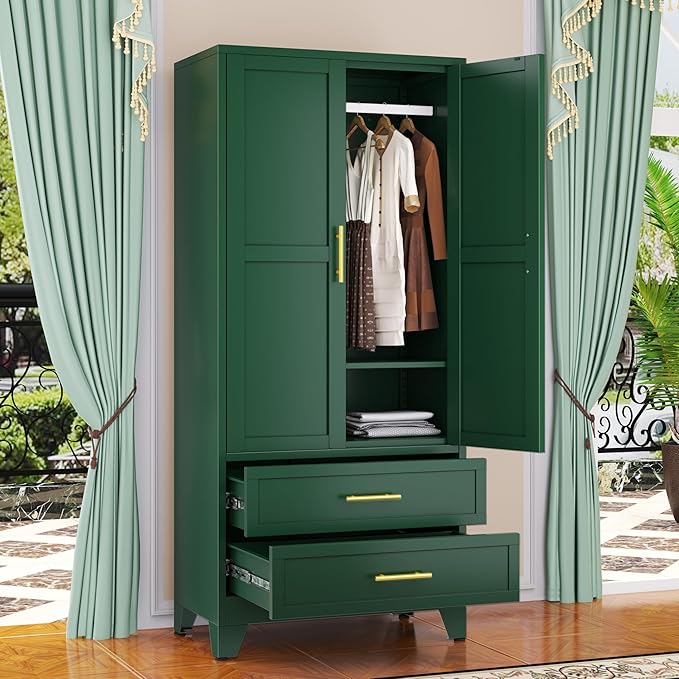 GAIOUS 71" Metal Wardrobe Cabinet with 2 Doors, 1 Adjustable Shelf and 2 Drawers, Metal Clothing Storage Cabinets with Hanging Rod, Armoire Wardrobe Closet for Bedroom, Cloak Room, Gym (Green)