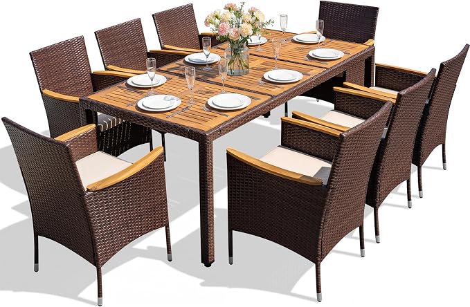 Devoko Outdoor Patio Dining Sets 9 Pieces Wicker Outdoor Dining Table and Chairs Set with Acacia Wood Table Top and Widened Armrests for Backyard, Garden, Deck (Brown) - Image 7