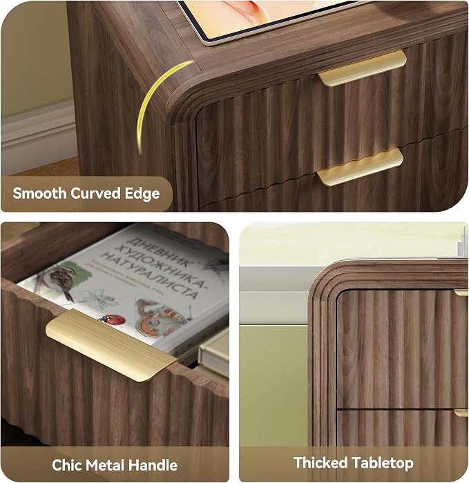 Decofy Fluted Nightstand with Charging Station, Modern Bedroom Side Table with Gold Handles, Curved Profile Design, End Table Wood Organizer for Bedroom, 19.7" & 3 Drawers (2 Pack, Walnut) - Image 6
