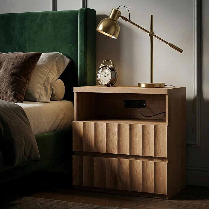 VividVibe Amber Oak Wide Fluted Nightstand with Charging Station, Side Table with Discreet Rear Cord Cutouts, Large Drawers Modern Organic Wooden Bedside Table End Table for Bedroom Home Office - Image 5